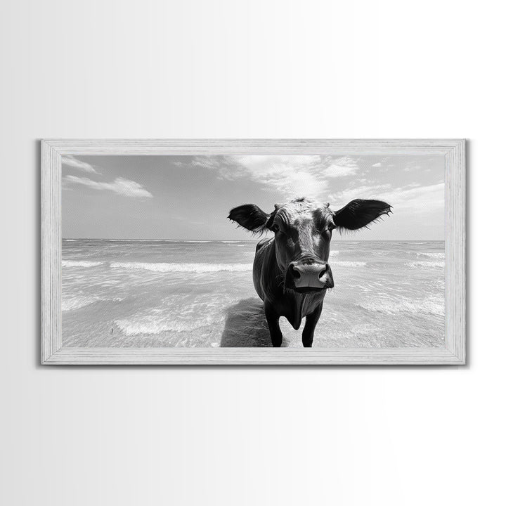 Curious Beach Cow, coastal wall art, cow painting, whimsical art, black and white photography, farmhouse decor, seascape painting, Canvas Print