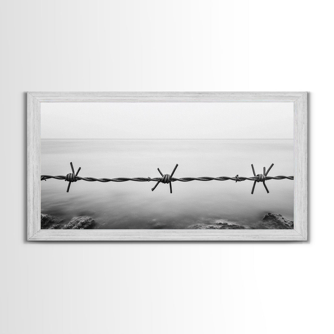 Barbed Wire, rustic decor, farmhouse art, minimalist black and white, modern wabi sabi wall art, textured art, panoramic art, Canvas Print