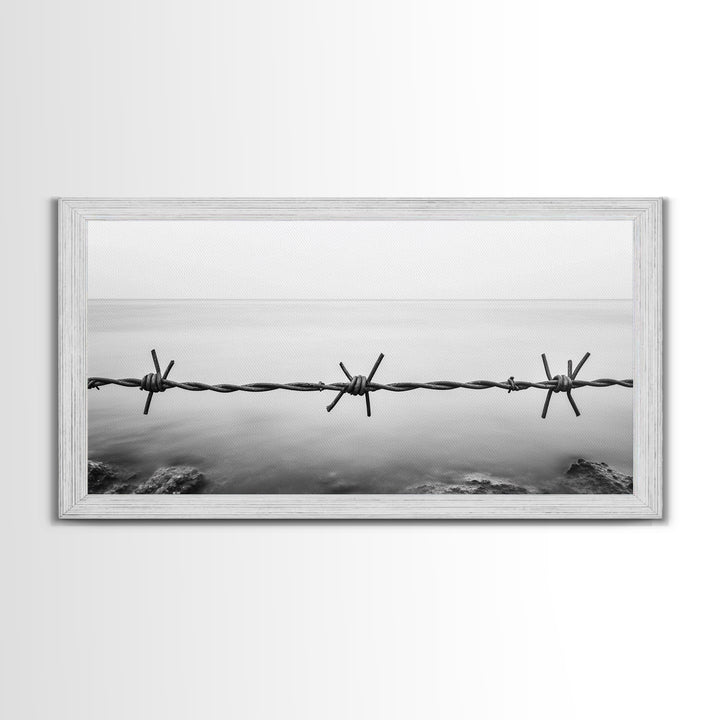 Barbed Wire, rustic decor, farmhouse art, minimalist black and white, modern wabi sabi wall art, textured art, panoramic art, Canvas Print