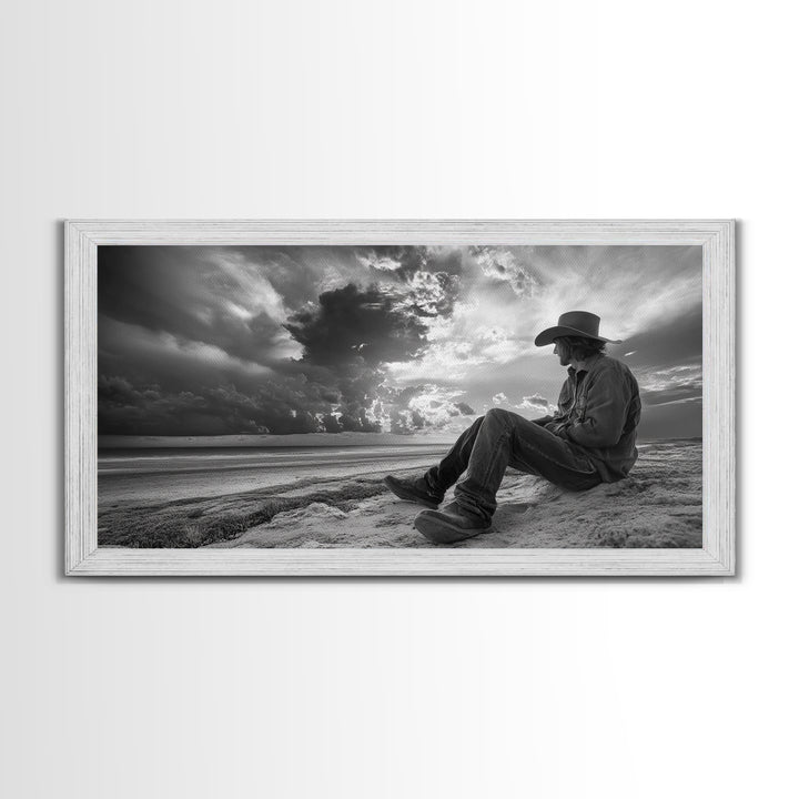 Cowboy on Beach, Moody Art, Western Wall Art, Dramatic Sky Print, Rustic Decor, Coastal Cowgirl Aesthetic, Framed Canvas Print, Scenic View