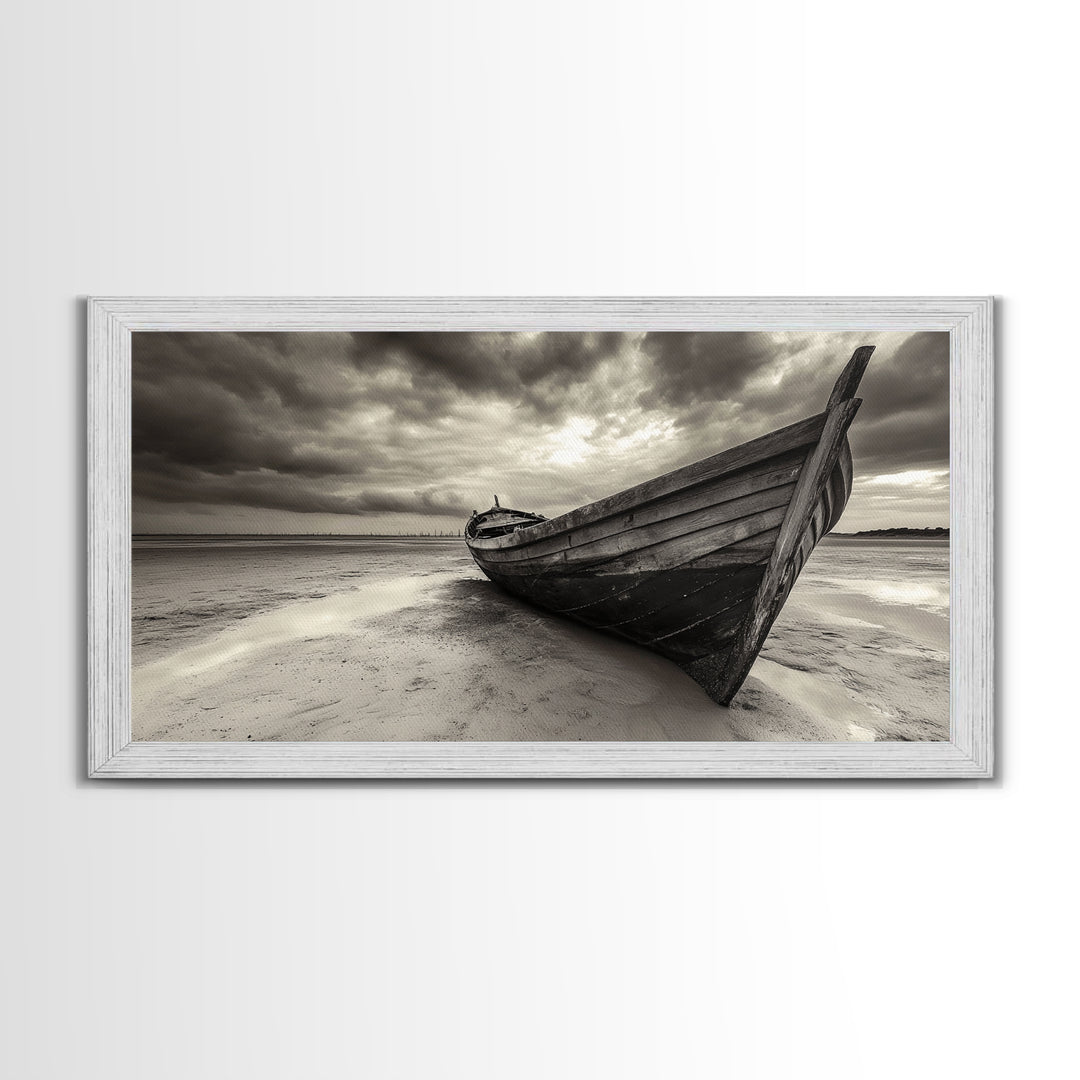 Abandoned Boat, Nautical Wall Art, Coastal Decor, Seascape Painting, Rustic Wall Art, Dramatic Sky, Framed Canvas Print, Panoramic Art