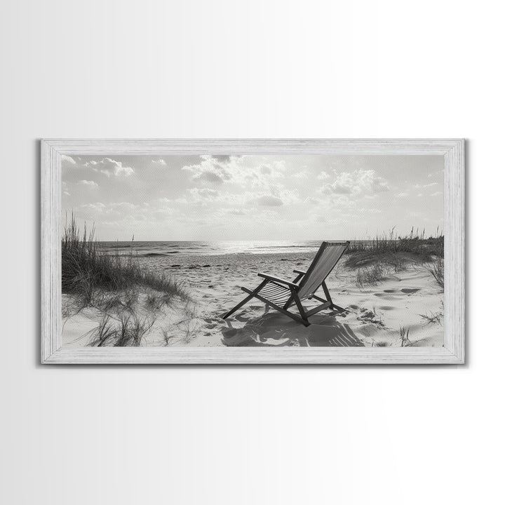 Beach Chair, Coastal Landscape Art, Minimalist Art, Wabi Sabi Art, Ocean View Print, Relaxing Decor, Framed Canvas Print, Nautical Wall Art