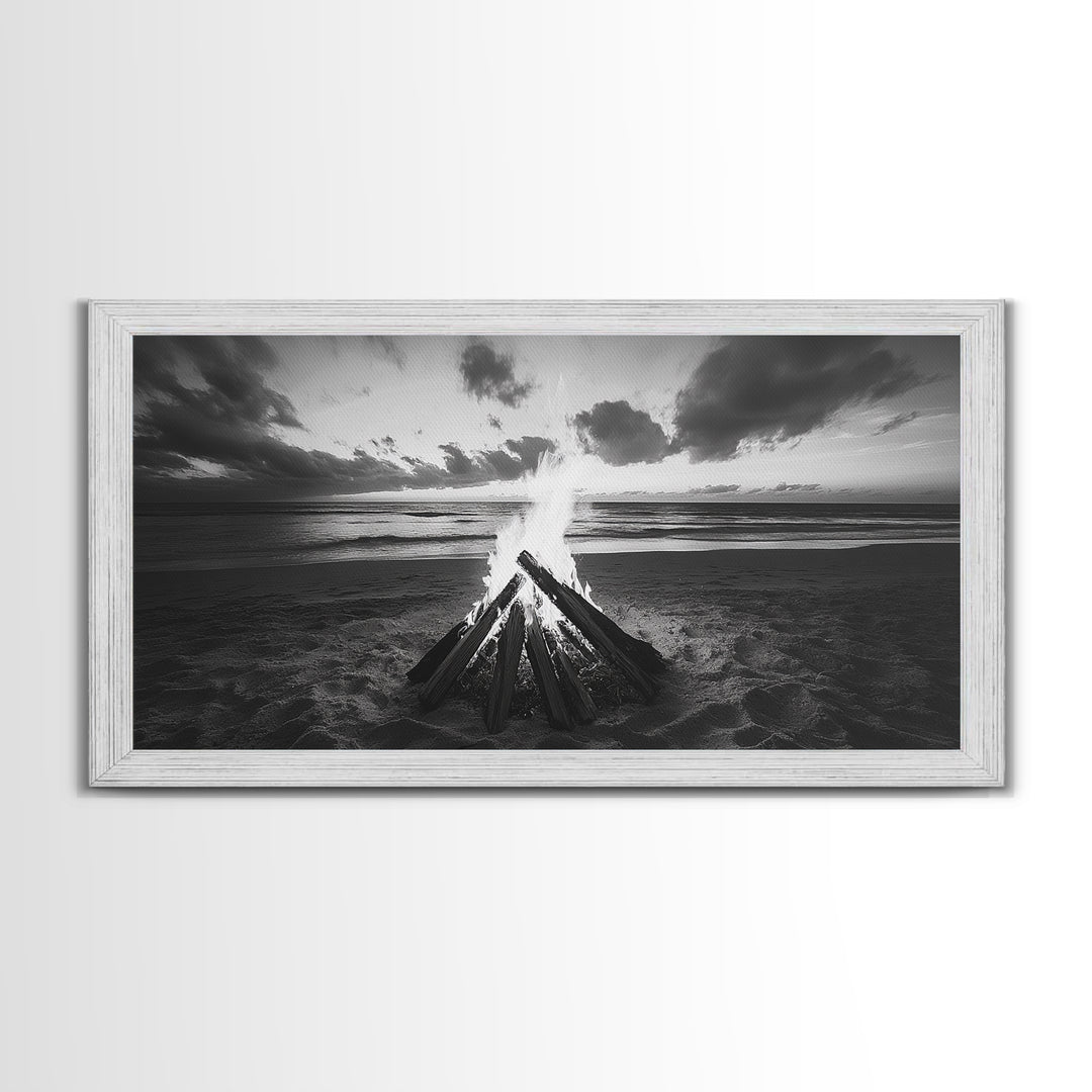 Bonfire On Beach, Coastal Wall Art, Moody Art, Extra Wide Art, Sunset Wall Art, Panoramic Art, Rustic Wall Art, Framed Canvas Print