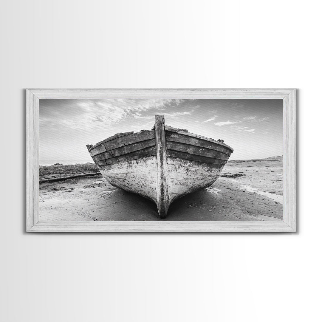 Beached Boat, Nautical Wall Art, Rustic Decor, Coastal Landscape Art, Extra Wide Art, Panoramic Painting, Canvas Print