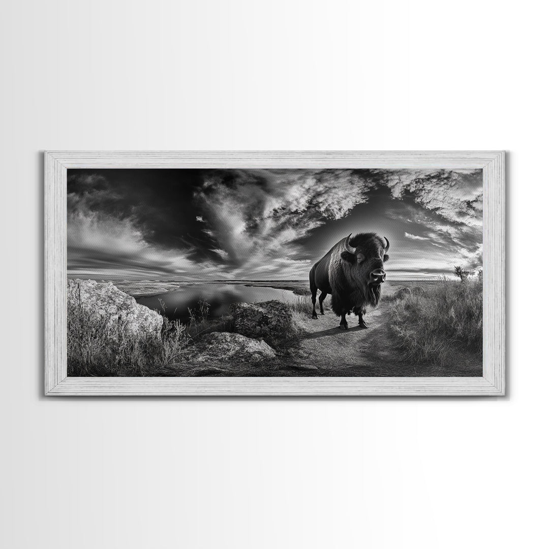 Bison Landscape, Southwest Wall Art, Rustic Wall Art, Moody Art, Panoramic Art, Extra Wide Art, Nature Wall Art, Framed Canvas Print