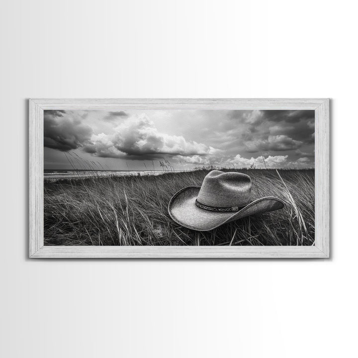 Cowboy Hat, rustic decor, wabi sabi art, western painting, southwest wall art, boho art, moody photography, Framed Canvas Print