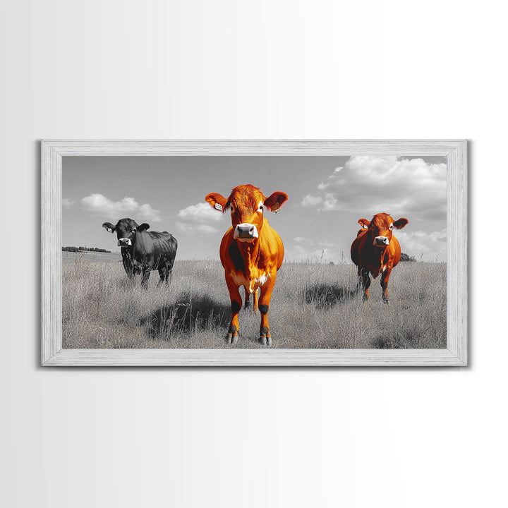 Highland Cows Canvas Print | Rustic Farmhouse Art | Black and White Cattle Painting | Moody Art | Above Sofa Wall Art | Extra Wide Art