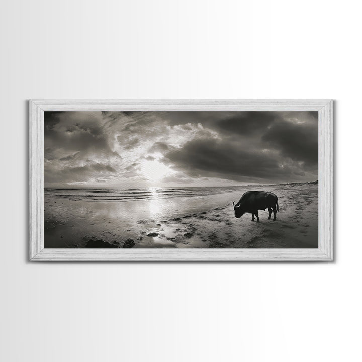 Buffalo, seascape painting, coastal landscape art, rustic decor, farmhouse art, panoramic painting, extra wide art, framed canvas print