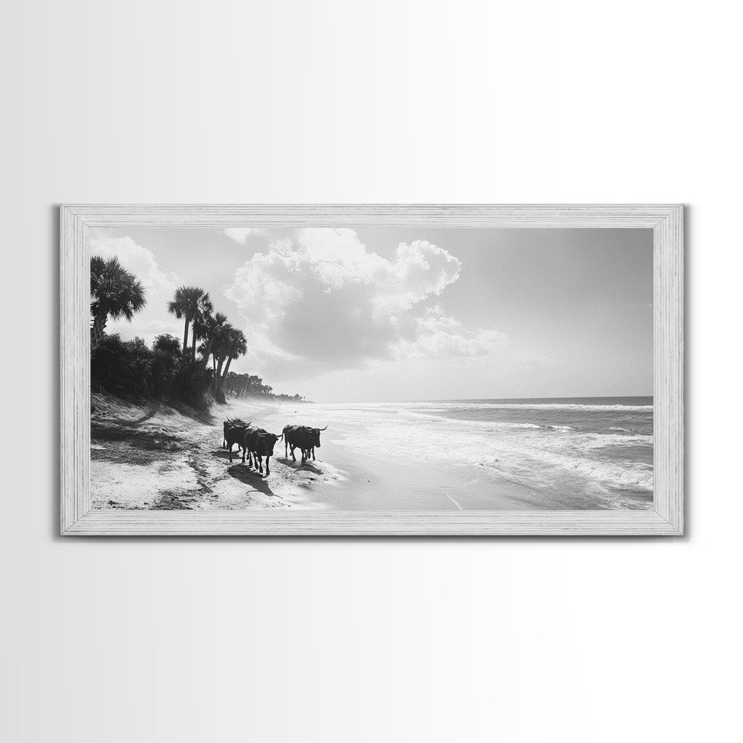 Cattle on beach, coastal cowgirl wall art, rustic decor, farmhouse art, landscape painting, panoramic painting, extra wide art, framed canvas print