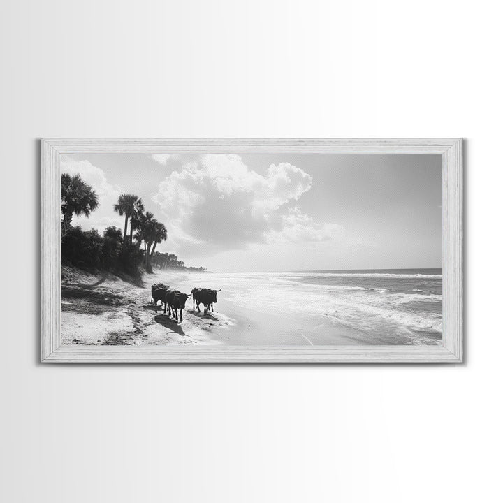 Cattle on beach, coastal cowgirl wall art, rustic decor, farmhouse art, landscape painting, panoramic painting, extra wide art, framed canvas print