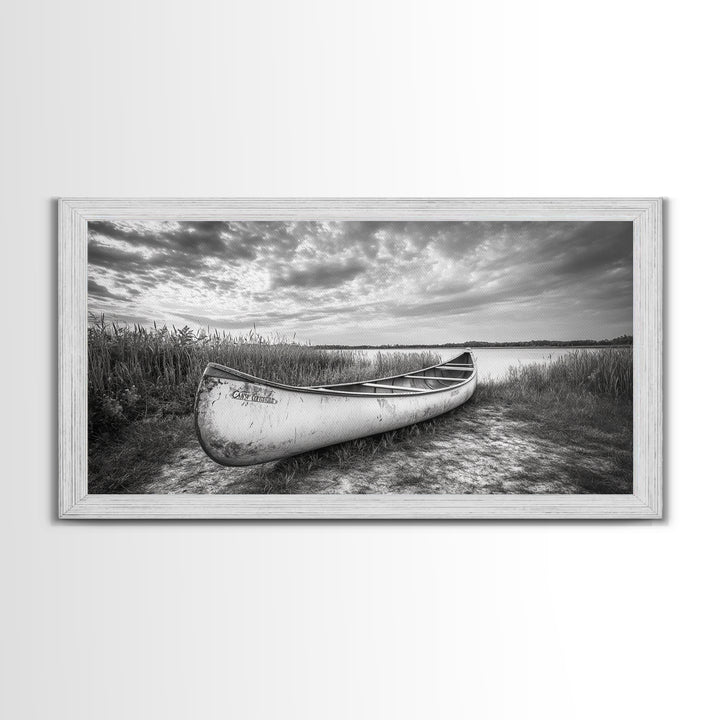 Canoe, lake, coastal cowgirl wall art, rustic decor, farmhouse art, panoramic art, horizontal wall art, extra wide art, framed canvas print