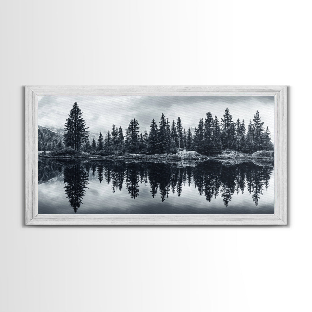 Pine tree reflection, moody art, mountain painting, pine tree art, rustic decor, panoramic art, extra wide art, framed canvas print
