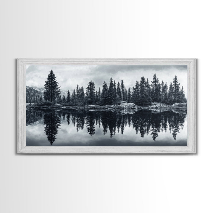 Pine tree reflection, moody art, mountain painting, pine tree art, rustic decor, panoramic art, extra wide art, framed canvas print
