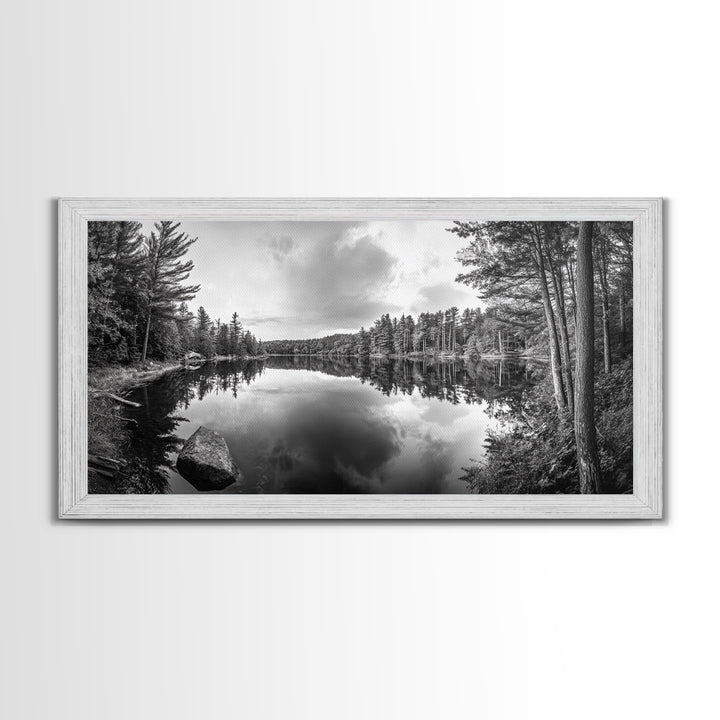 Lake reflection, pine tree art, landscape painting, wabi sabi art, rustic decor, panoramic painting, extra wide art, framed canvas print
