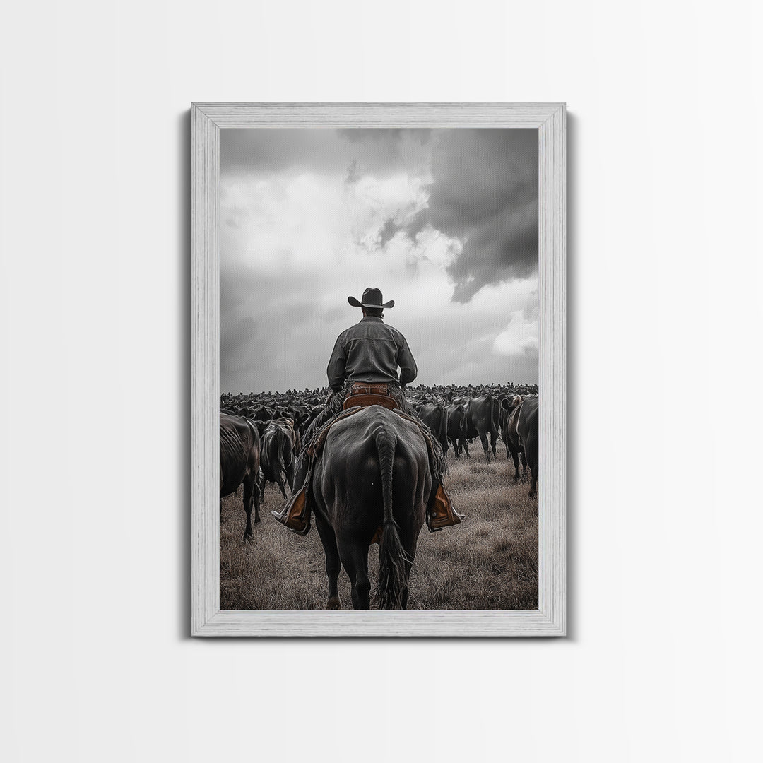 Cowboy, western art, cattle drive, ranch wall decor, framed canvas print, rustic farmhouse art, moody cowboy, country life painting