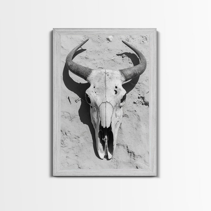 Bull skull, desert aesthetic, cowboy art, rustic decor, black and white photography, boho art, framed canvas print, western wall art