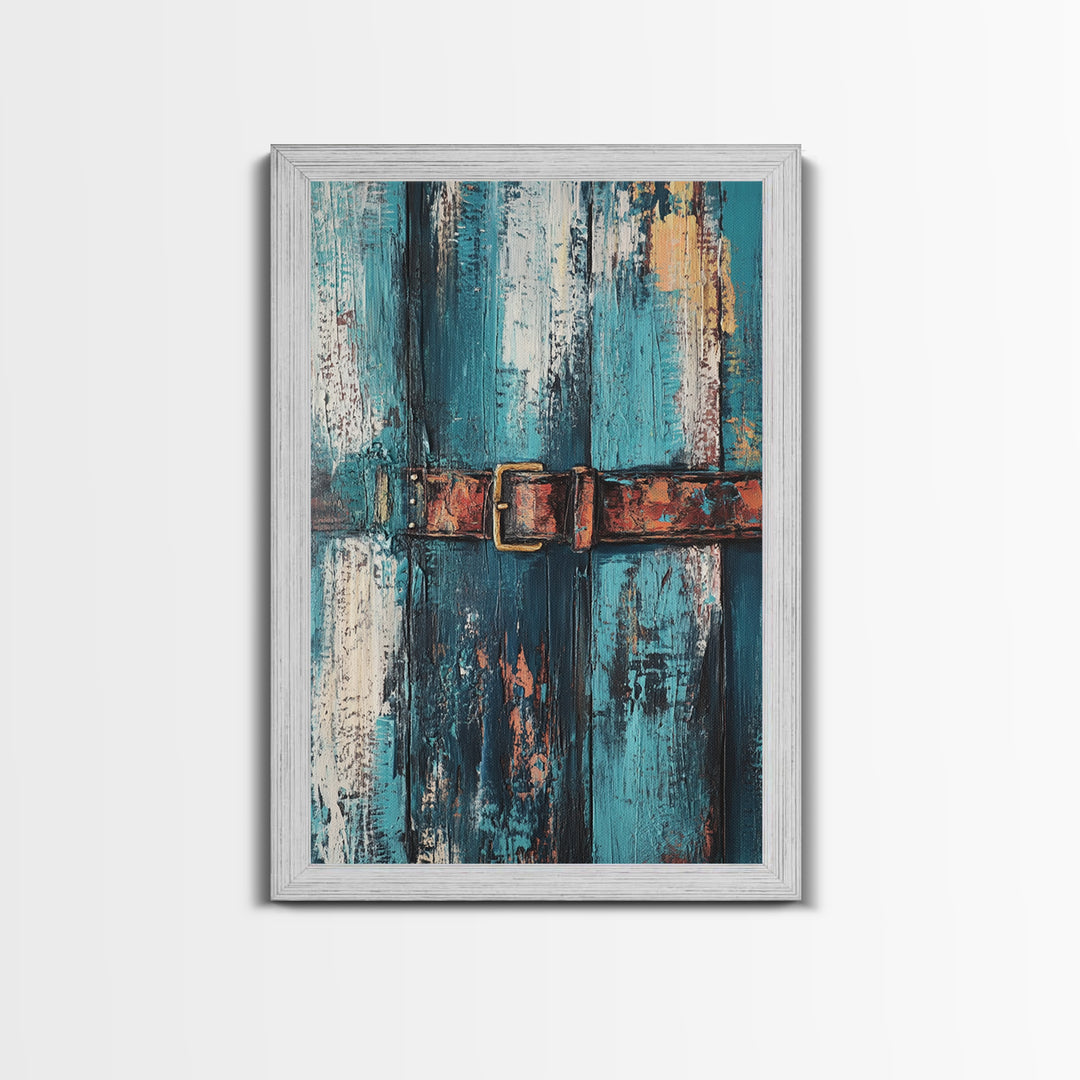 Rustic blue door, worn leather belt, southwest wall art, farmhouse art, textured painting, wabi sabi art, framed canvas print, rustic decor
