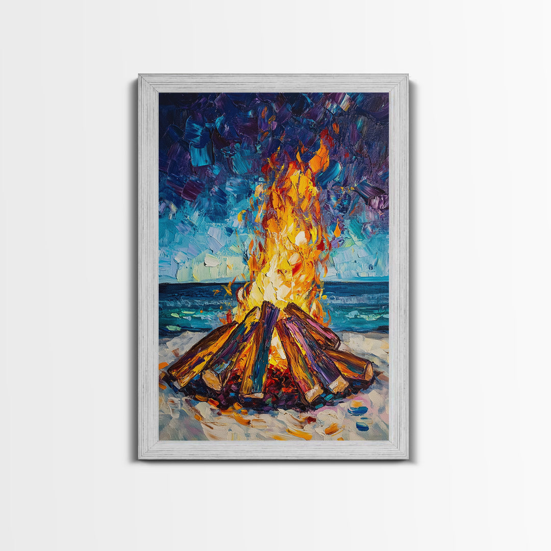 Beach Bonfire, coastal painting, moody art, seascape painting, coastal decor, nautical painting, original painting, framed canvas print