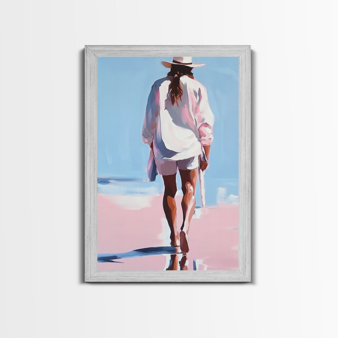 Beach Walk, coastal cowgirl wall art, boho art, pink orange wall art, light pink wall art, coastal decor, framed canvas print