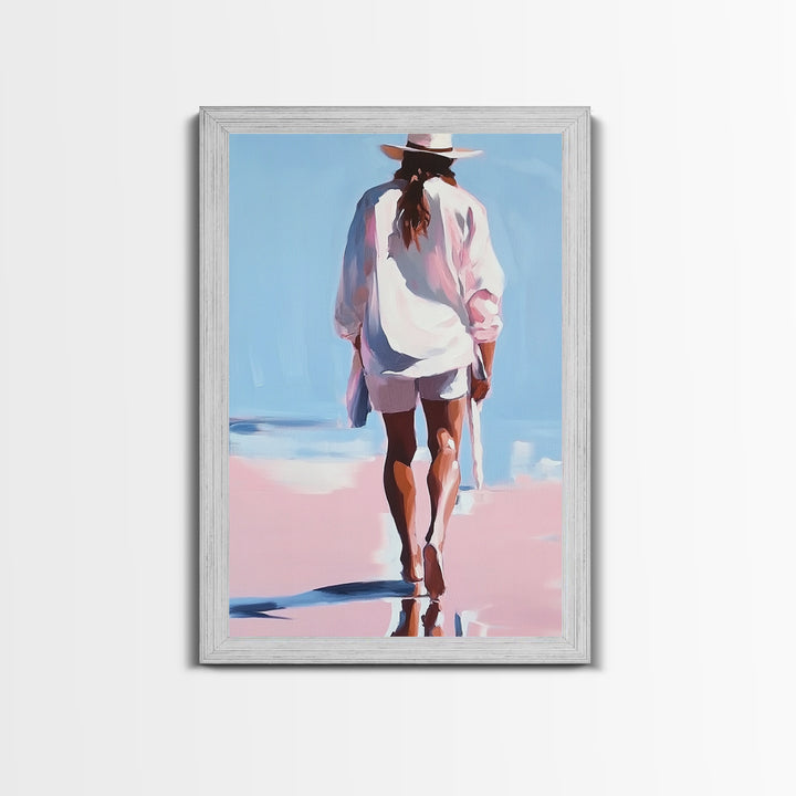 Beach Walk, coastal cowgirl wall art, boho art, pink orange wall art, light pink wall art, coastal decor, framed canvas print