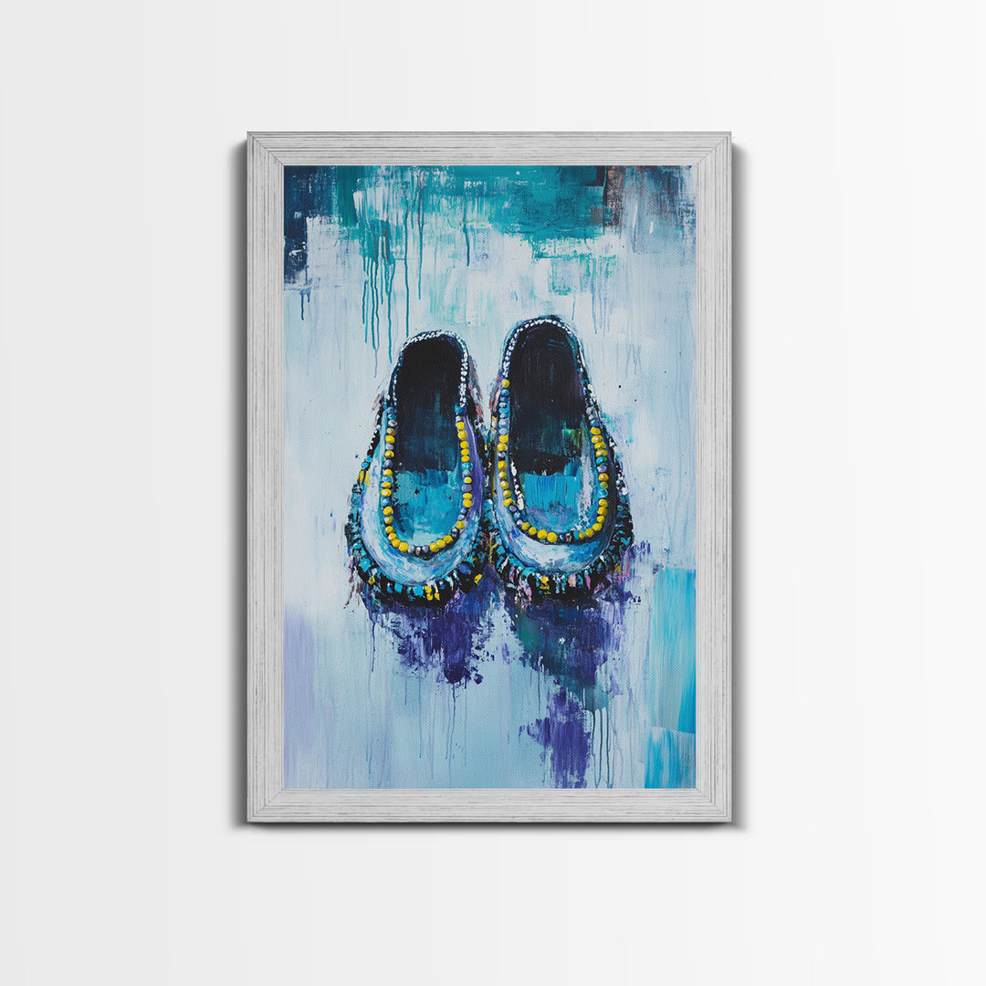 Blue Moccasins, boho art, whimsical art, teal wall art, folk art, rustic art, gift idea for her, original painting, canvas print
