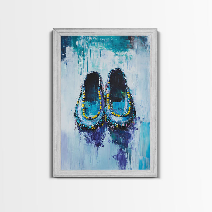 Blue Moccasins, boho art, whimsical art, teal wall art, folk art, rustic art, gift idea for her, original painting, canvas print