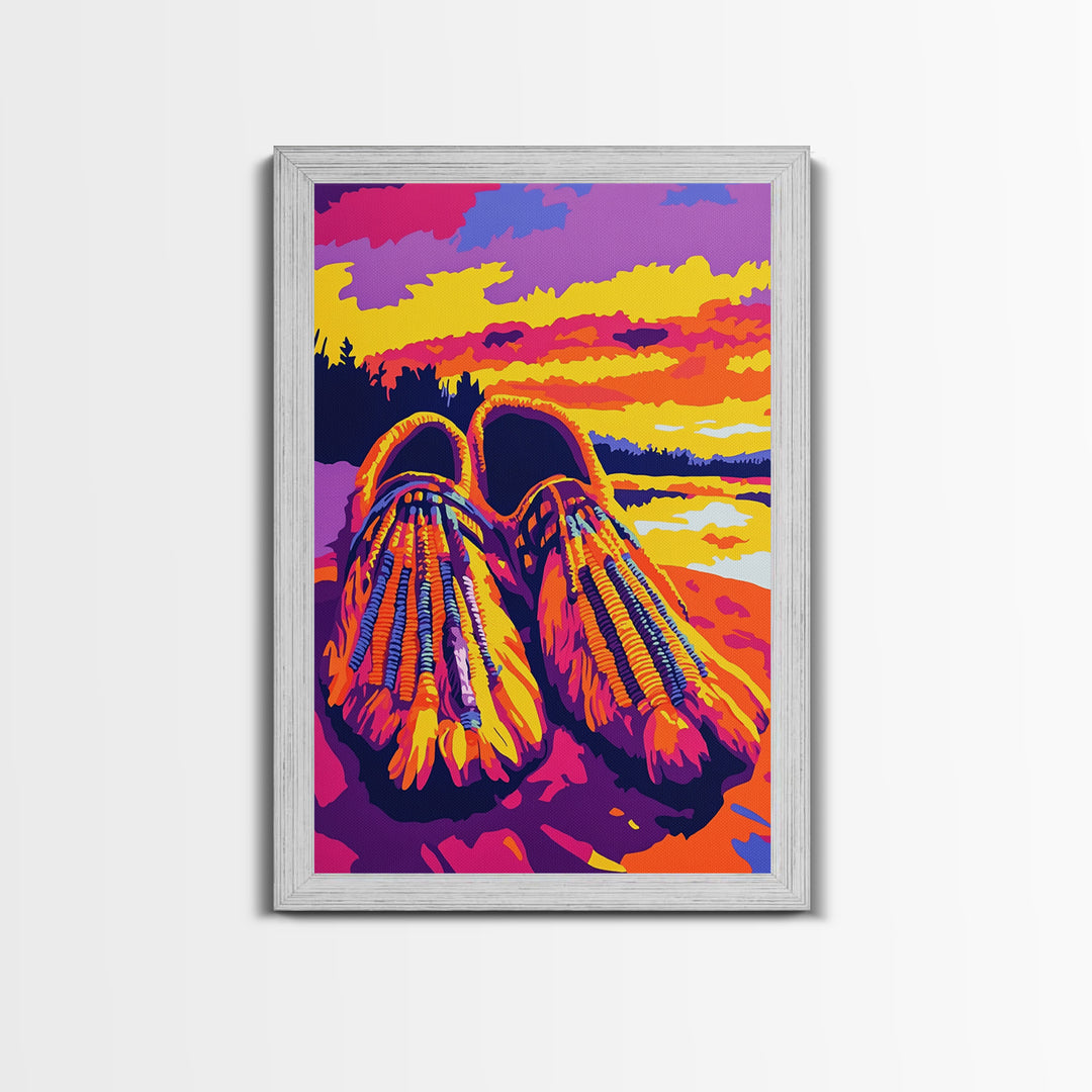 Beaded Moccasins Art, Southwest Wall Art, Pink Orange Wall Art, Boho Western Art, Framed Canvas Print, Rustic Home Decor