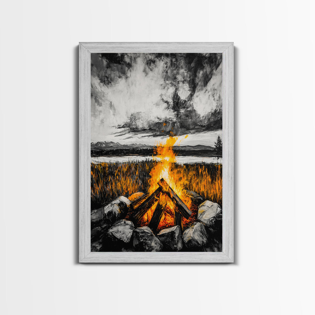 Campfire Painting, Moody Art, Rustic Wall Decor, Fire Pit Artwork, Black White Orange Art, Framed Canvas Print, Cabin Wall Art