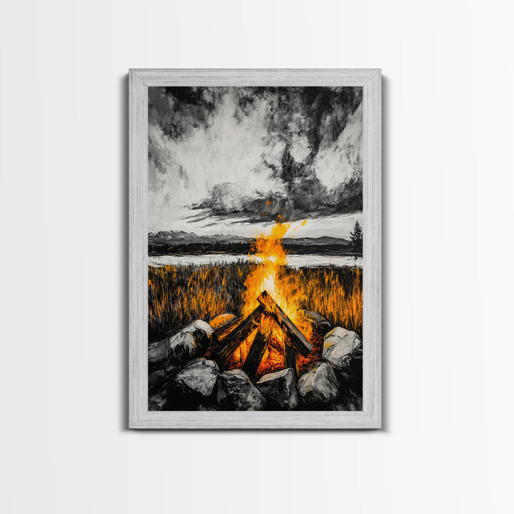 Campfire Painting, Moody Art, Rustic Wall Decor, Fire Pit Artwork, Black White Orange Art, Framed Canvas Print, Cabin Wall Art
