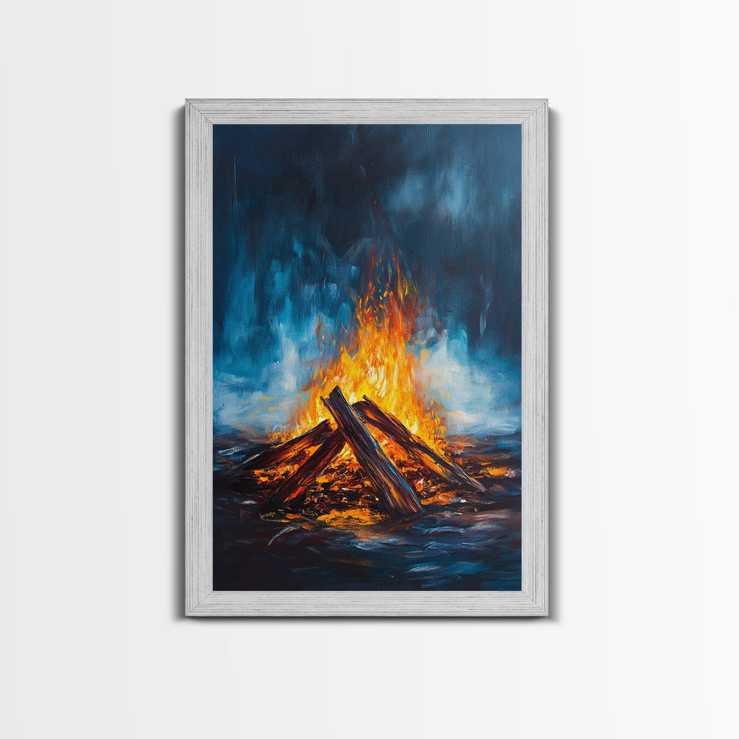 Bonfire Night, Moody Art, Rustic Decor, Canvas Print, Fire Art, Dark Romance Painting, Fall Wall Art, Cozy Living Room Art, Gift Idea
