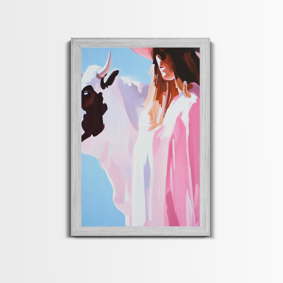 Cowgirl and Cow, black cowgirl painting, coastal cowgirl wall art, western decor, gift idea for her, boho art, light pink wall art, Canvas Print