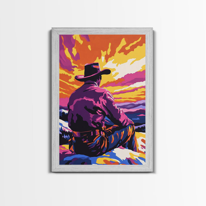 Cowboy at Sunset, western decor, southwest wall art, pink orange wall art, gift idea for him, moody art, panoramic art, Canvas Print