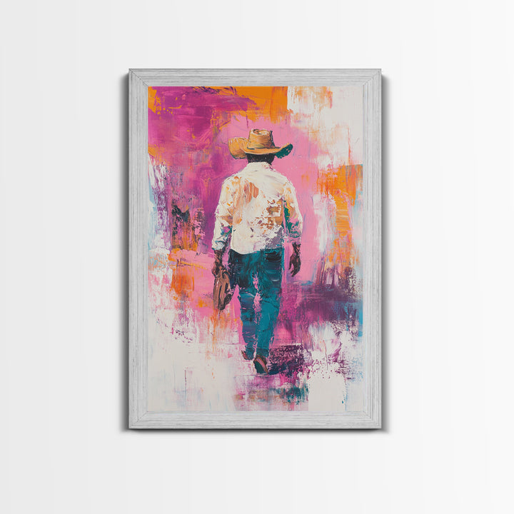 Cowboy Walking, chicano art, western aesthetic, rustic wall art, farmhouse art, moody art, bold colors, Framed Canvas Print