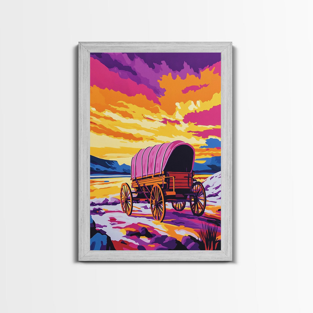 Colorful Wagon, pink orange wall art, landscape painting, southwest wall art, farmhouse art, boho art, framed canvas print, above bed art