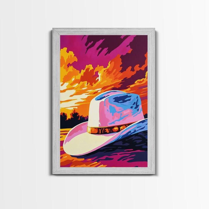 Cowboy Hat, Sunset Art, Rustic Wall Art, Pink Orange Wall Art, Canvas Print, Western Decor, Farmhouse Art, Above Couch Art