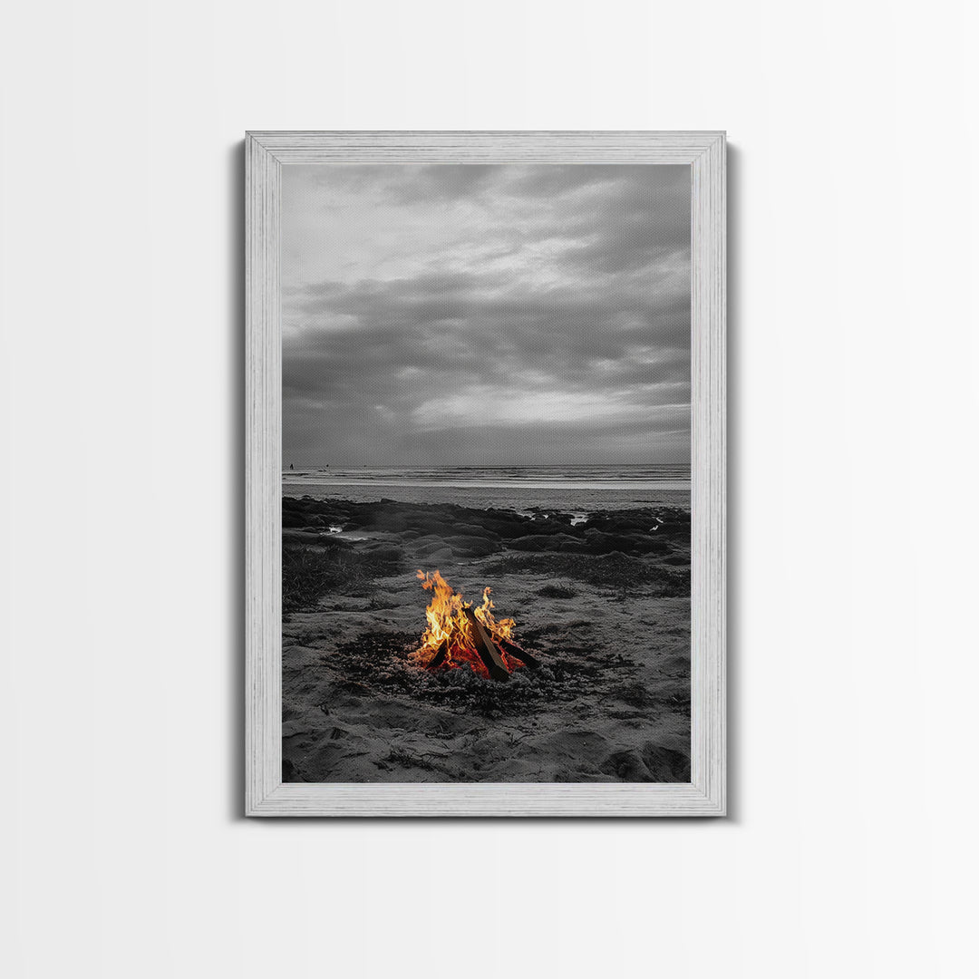 Beach bonfire, coastal art, ocean sunset, framed canvas print, nautical decor, seascape painting, cozy fire, moody beach art, fall vibes