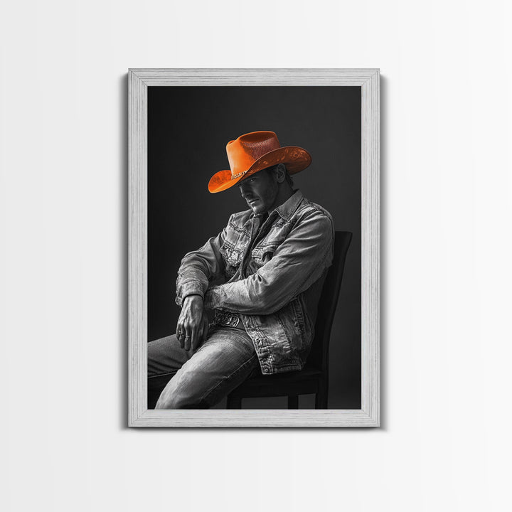 Cowboy portrait, rustic art, western style, framed canvas print, country decor, cowboy hat, moody photography, black and white wall art