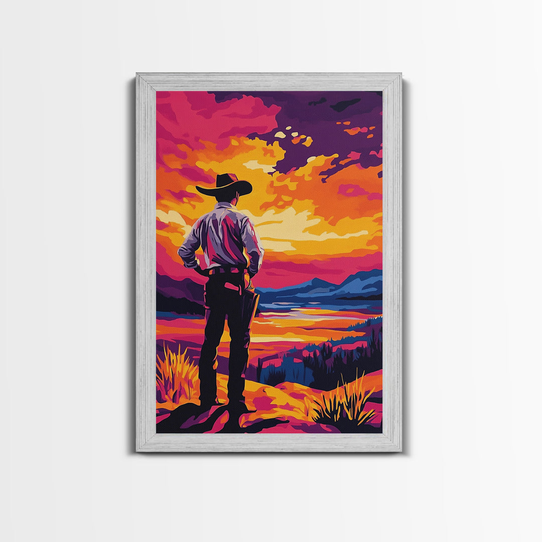 Cowboy at Sunset, pink orange wall art, Joshua tree art, southwest wall art, framed canvas print, landscape painting, moody art