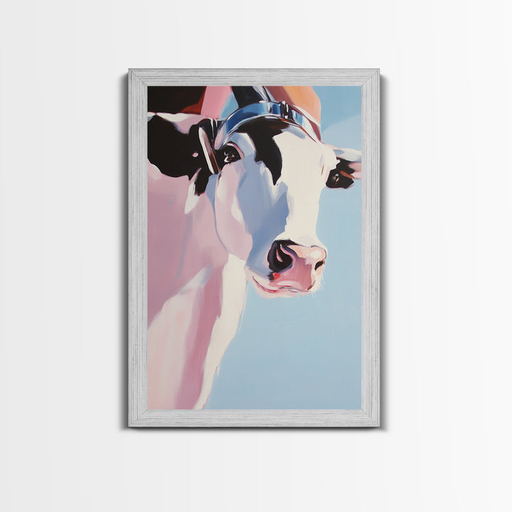 Cow with Hat, farmhouse art, black cowgirl painting, rustic decor, framed canvas print, whimsical art, light pink wall art