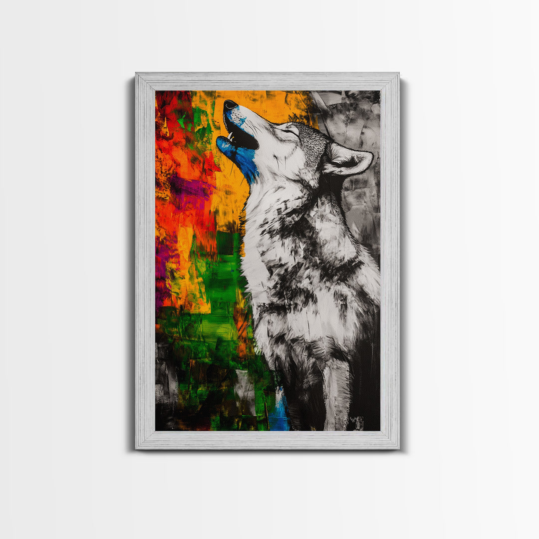 Black and White Wolf, graffiti wall art, rustic decor, moody art, southwest wall art, framed canvas print, dark romance painting