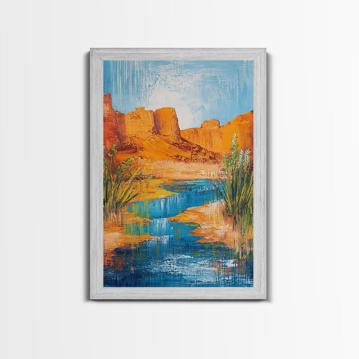 Desert Oasis, vivid landscape, blue water, rustic nature art, warm tones, panoramic painting, framed canvas print, southwest wall art