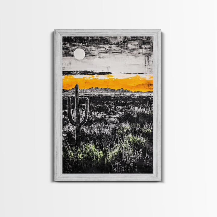 Cactus Sunset, black and white, moody desert art, yellow skyline, Joshua tree art, framed canvas print, extra wide art, rustic decor