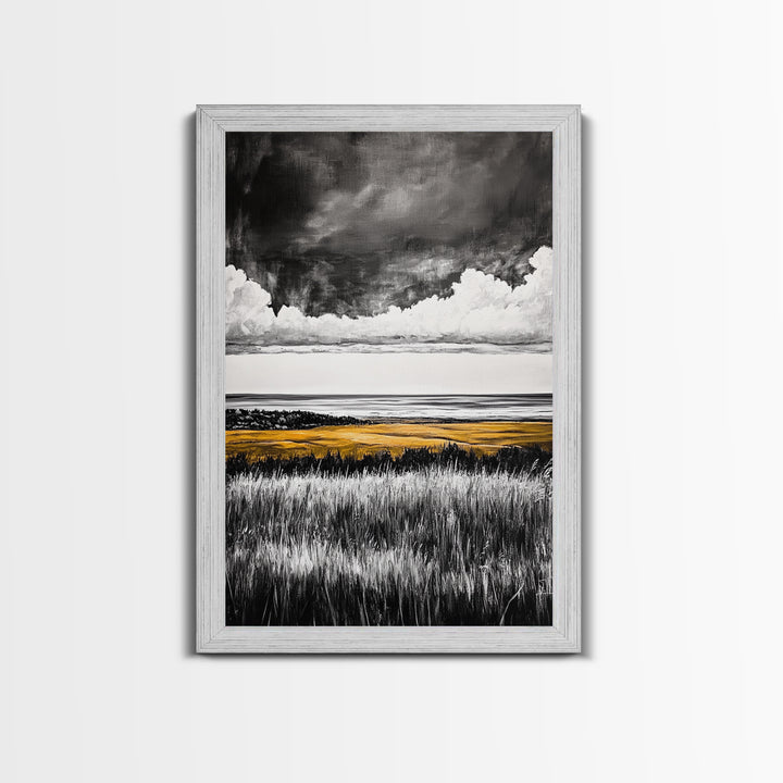 Moody Landscape, dramatic clouds, black and white, gold fields, panoramic art, rustic decor, framed canvas print, extra wide art