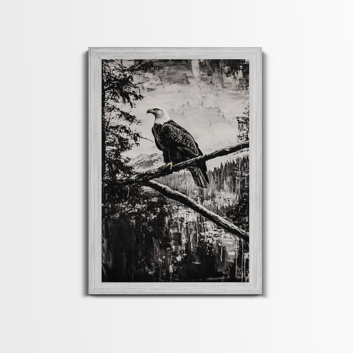 Bald Eagle, majestic bird, black and white, rustic decor, wildlife painting, nature art, framed canvas print, farmhouse wall art