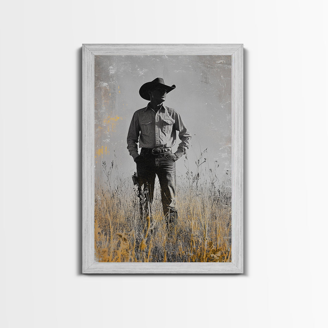 Lone Cowboy, Rustic Art, Western Wall Art, Wabi Sabi Art, Vintage Horse Art, Moody Art, Canvas Print, Framed Cowboy Painting