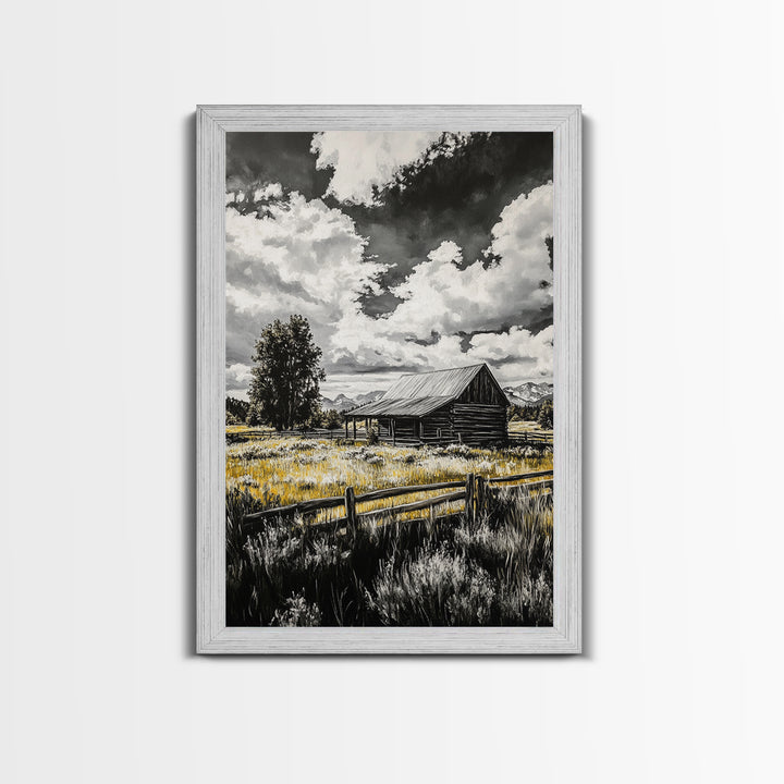 Rustic Barn, Farmhouse Art, Canvas Print, rustic wall art, barn landscape oil painting, smoky mountain art, wabi sabi wall art, vintage Christmas