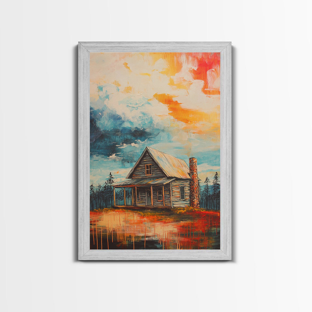 Cabin Painting, Autumn Landscape, Framed Canvas Print, rustic decor, mountain painting, landscape painting, smoky mountain art, extra wide art