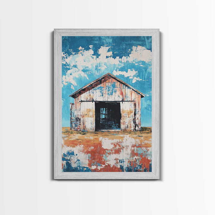 Rustic Barn, farmhouse art, landscape painting, blue and green wall art, extra wide art, panoramic art, Framed Canvas Print