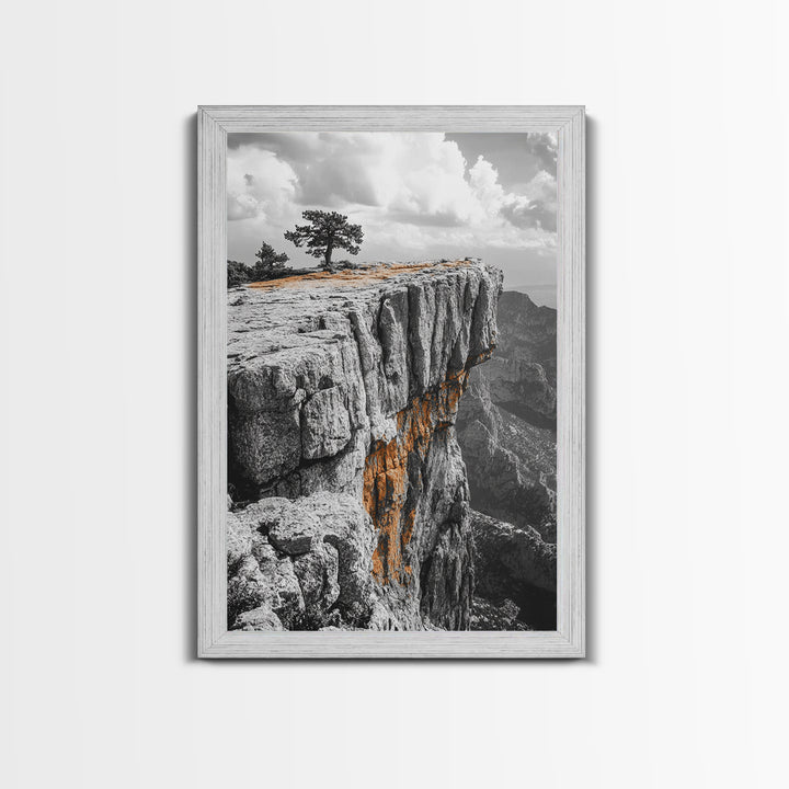 Cliffside View, Mountain Painting, Pine Tree Art, Nature Wall Art, Landscape Painting, Rustic Art, Framed Canvas Print, Moody Art