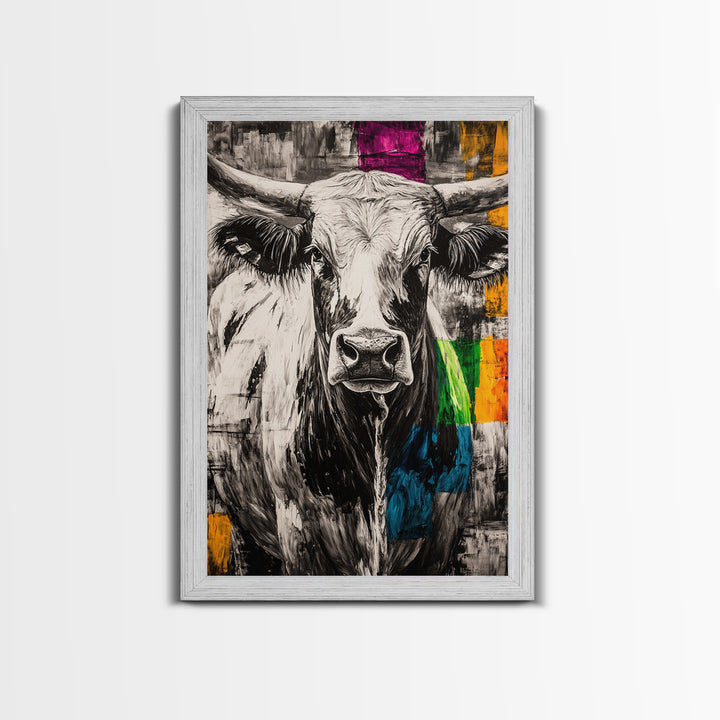 Black and White Cow, rustic art, farmhouse art, bull and bear art, southwest wall art, abstract animal painting, Framed Canvas Print